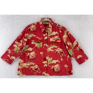 Lemon‎ Grass Petite Red Floral Button-Up Shirt Womens 3/4 Sleeve Cotton Size PM